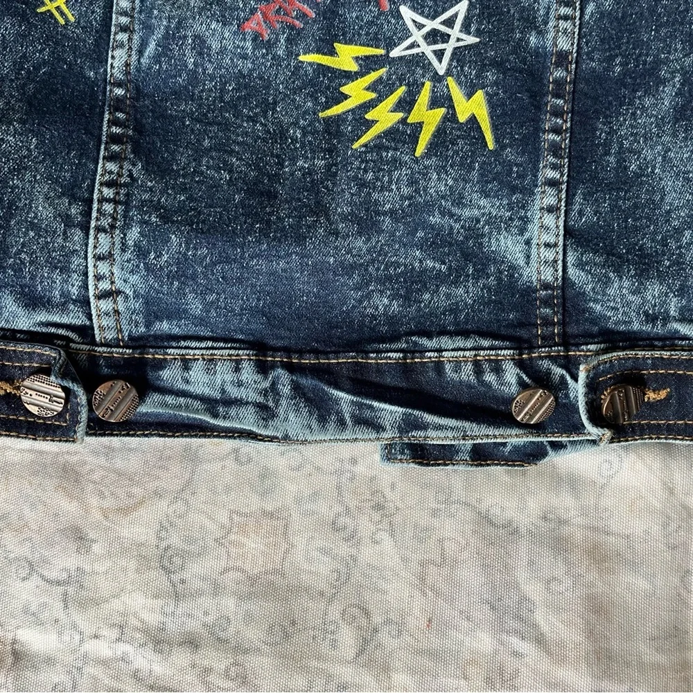 Blue‎ Jean Jacket with Distressed Look and Colorful Embellishments
